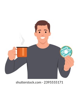 Hombre con una taza de café y un donut. Tiempo de refrigerio, descanso para el té, bebida caliente. Ilustración vectorial plana aislada en fondo blanco