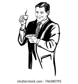 Man with a cup of coffee in his hand. Business shawling gentleman  with a hot drink in his hand. Vector illustration in style of ink
