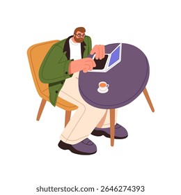 Man with cup of coffee is typing Business message on computer. Person with laptop at the table. Freelance, distance or remote work from home office, cafe. Flat isolated vector illustration on white