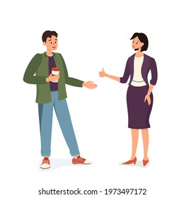 A man with a cup of coffee and a woman in a suit are talking. Working or friendly meeting. Happy people communicate and encourage each other. Vector flat illustration