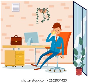 Man with cup of drink in hands working on computer at desk. Businessman sitting at workplace in office. Company employee during work with laptop. Male character doing job and drinking coffee