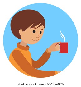 Man with cup in his hand drinking hot coffee. Vector illustration icon