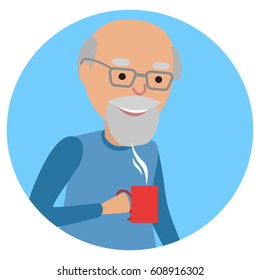 Man with cup in his hand drinking hot coffee. Vector illustration icon