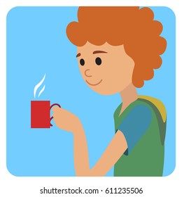Man with cup in his hand drinking hot coffee. Vector illustration icon
