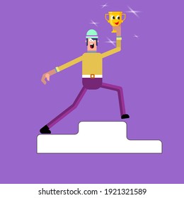 A man with a cup in his hand rises to the pedestal. Holding award cup. Sports achivments. Vector illustration in cartoon style. Successful character.