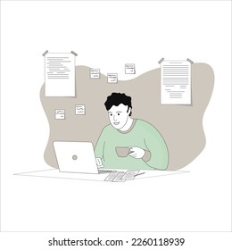 A man with a cup in his hands looks at the computer. Online learning. Freelance. Distance education. Flat linear illustration.