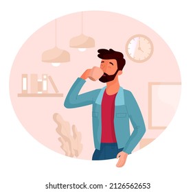 Man with cup at home. Young guy drinking tea or coffee. Breakfast, hot and refreshing drink, energy. Young guy at home, employee before work, comfort and coziness. Cartoon flat vector illustration