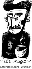 a man with a cup of magic graphics