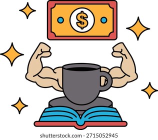 Un hombre con una taza en la cabeza y un billete de un dólar en el fondo. La Imagen es sobre dinero y fortaleza