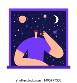 Man with cup of tea, coffee, in the window, enjoying the view of night starry sky and moon. Male modern character and space exploring. Flat vector illustration. Use in web project and applications.