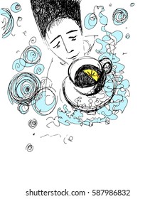 Man with cup of tea, hand drawn vector illustration 