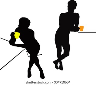 Man with a cup of tea . Two silhouette . Black and white.