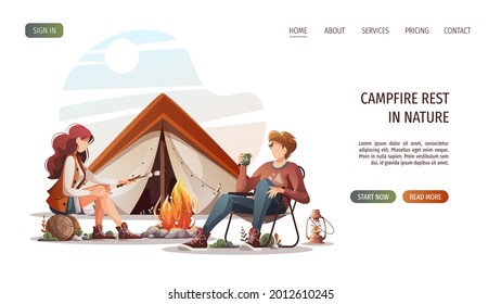 Man with cup and woman with marshmallow sitting by campfire. Summertime camping, traveling, trip, hiking, camper, nature, journey concept. Vector illustration for poster, banner, website.