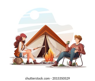 Man with cup and woman with marshmallow sitting by campfire. Summertime camping, traveling, trip, hiking, camper, nature, journey concept. Isolated vector illustration for poster, banner, cover, card.