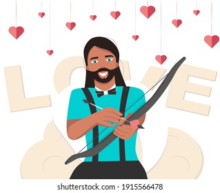 Man cupid with bow and love arrow siiting on the cloud around hearts. Saint Valentine's day. Vector colorful illustration isolated on white background.