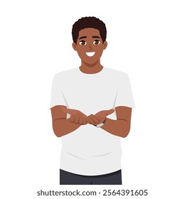 Man with Cupped hands, folded arms. Hands palms together receiving or giving gesture. Flat Vector character illustration