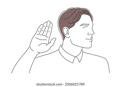 Man is cupping his hand to his ear, indicating he is listening intently to something nearby doodle continuous line art vector illustration on white background