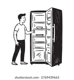 A man curiously peeks inside an open refrigerator for a snack