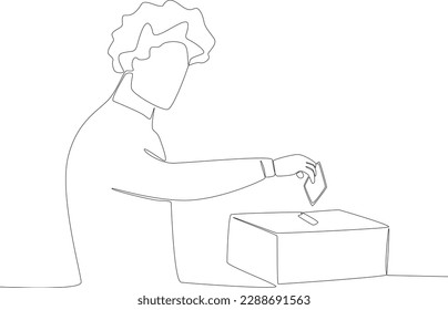 Un hombre con rizos introducirá sus resultados de votación en las urnas. Votar un dibujo de una línea