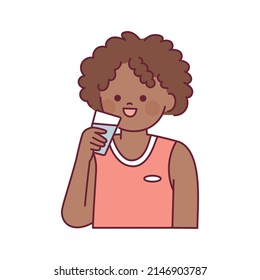  A man with curly hair in a sporty shirt is drinking water. outline simple vector illustration.