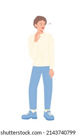 A man with curly hair is winking with an ok sign. flat design style vector illustration.