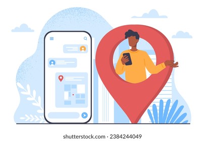 Hombre con el concepto de ubicación actual. Un chico joven con smartphone dentro del pin GPS. Navegación y geolocalización, sistema GPS. Tecnologías e innovaciones modernas. Dibujo vectorial plano de dibujos animados