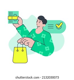 Man customer buying goods with paper shopping bag and currency cash money vector flat illustration. Minimalist male client shopper purchasing with checklist notes done complete paying dollar