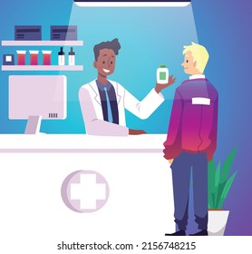 Man Customer Buying Medicine In Drugstore, Flat Vector Illustration. Male Pharmacist Sells Medicine To Patient. Pharmacy Counter Scene. Cartoon Characters In Drugstore.