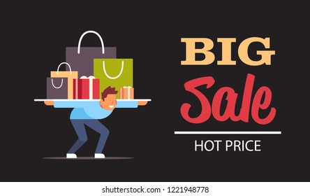 man customer carrying bags purchase on shoulders black friday special offer big sale shopping holiday promotion discount concept flat horizontal vector illustration