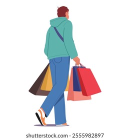 Man customer cartoon character carrying paper shopping bags in hands walking view behind back isolated on white background. Male shopper wearing casual attire making purchases vector illustration