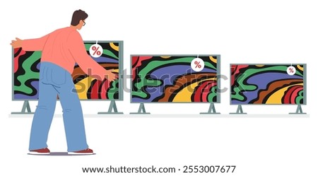 Man customer cartoon character choosing digital television observing items with different diagonals isolated on white background. Male shopper making decision to buy tv with sale vector illustration
