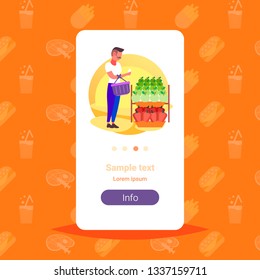 man customer checking shopping list choosing fruits food big grocery shop supermarket interior guy buyer super market concept full length copy space flat