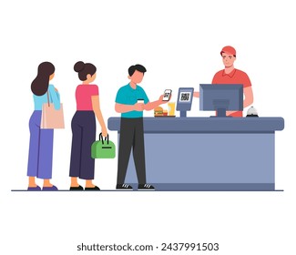 Muchos clientes pagan usando el pago sin contacto del código QR por el teléfono móvil en la ilustración vectorial del contador de efectivo de la tienda