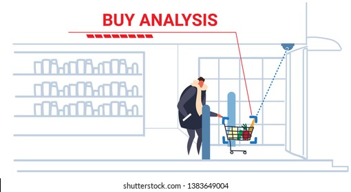 Man Customer Pushing Trolley Cart Security Camera Analyzing Groceries Surveillance Cctv System Buy Analysis Concept Modern Grocery Store Interior Horizontal Sketch Doodle Full Length