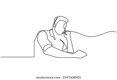Man customer service in headphones with microphoneOne continuous one line drawing Customer service is constantly interacting with different consumers and resources with laptop.