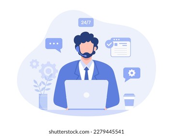 Un servicio al cliente, los operadores de línea directa consultan a los clientes con auriculares en ordenadores, asistencia técnica global en línea las 24 horas, centro de llamadas. Ilustración plana vectorial moderna