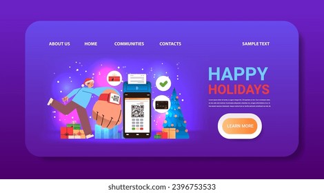 man customer or shopper in santa hat using mobile app with qr code and pos-terminal to make a payment on wrist watch online shopping