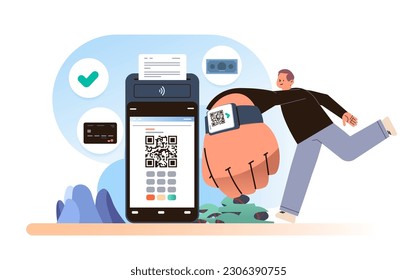 man customer or shopper using mobile app with qr code and pos-terminal to make a payment on wrist watch online shopping concept