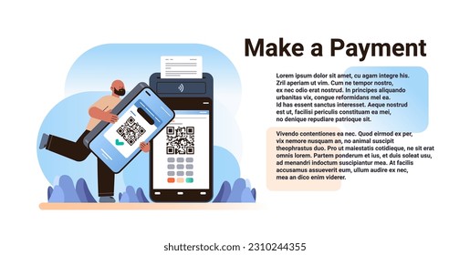 man customer or shopper using mobile app with qr code and pos-terminal to make a payment on smartphone online shopping