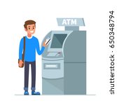 Man customer standing near atm machine and holding credit card. Flat style vector illustration isolated on white  background.