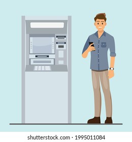 Man customer standing near atm machine and holding smartphone,Vector illustration cartoon character.