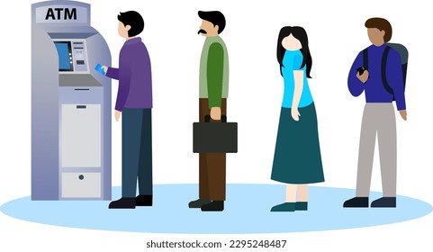 Man customer standing near atm machine vector illustration, Line queue at the ATM, transfering money with ATM machine, People standing in queue line to ATM terminal for money