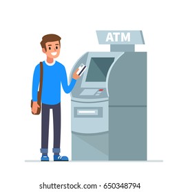 Man customer standing near atm machine and holding credit card. Flat style vector illustration isolated on white  background.