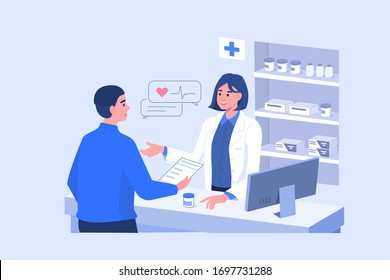 Man Customer Standing near Cashier Desk and Holding Medical Prescription. Doctor Pharmacist Consulting Patient in Pharmacy Store. Pharmaceutical Industry.  Flat Cartoon Vector Illustration. 