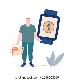 Man Customer Use Smart Watch for Noncontact Paying in Supermarket Store. Male Character Cashless Payment Transaction. Electronic Technologies in Shopping and Consumerism. Cartoon Vector Illustration