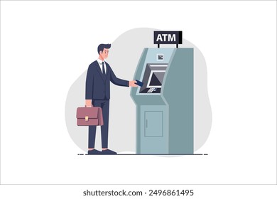 Man customer using credit card in atm machine and withdraw money. Flat style vector illustration isolated on white background