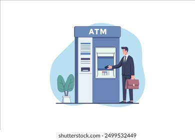 Man customer using credit card in atm machine and withdraw money. Flat style vector illustration isolated on white background