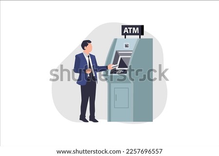 Man customer using credit card in atm machine and withdraw money. Flat style vector illustration isolated on white background.