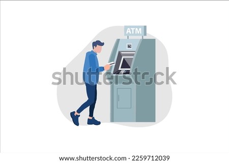 Man customer using credit card in atm machine and withdraw money. Flat style vector illustration isolated on white background