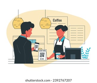 Man customer and woman cashier at the counter of cafe pay with contactless payment